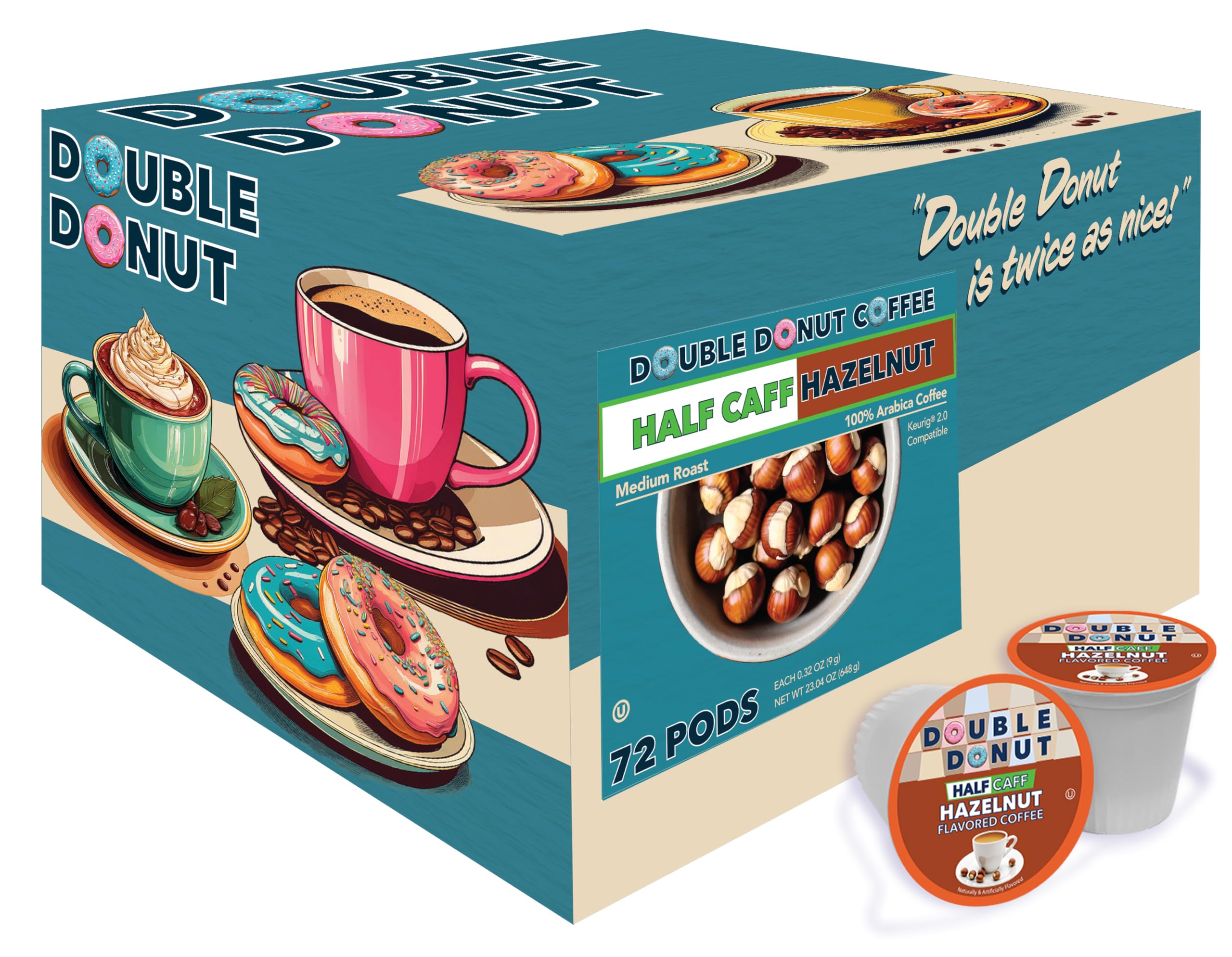 Double Donut brewed cup on countertop showing warm hazelnut aroma and smooth finish