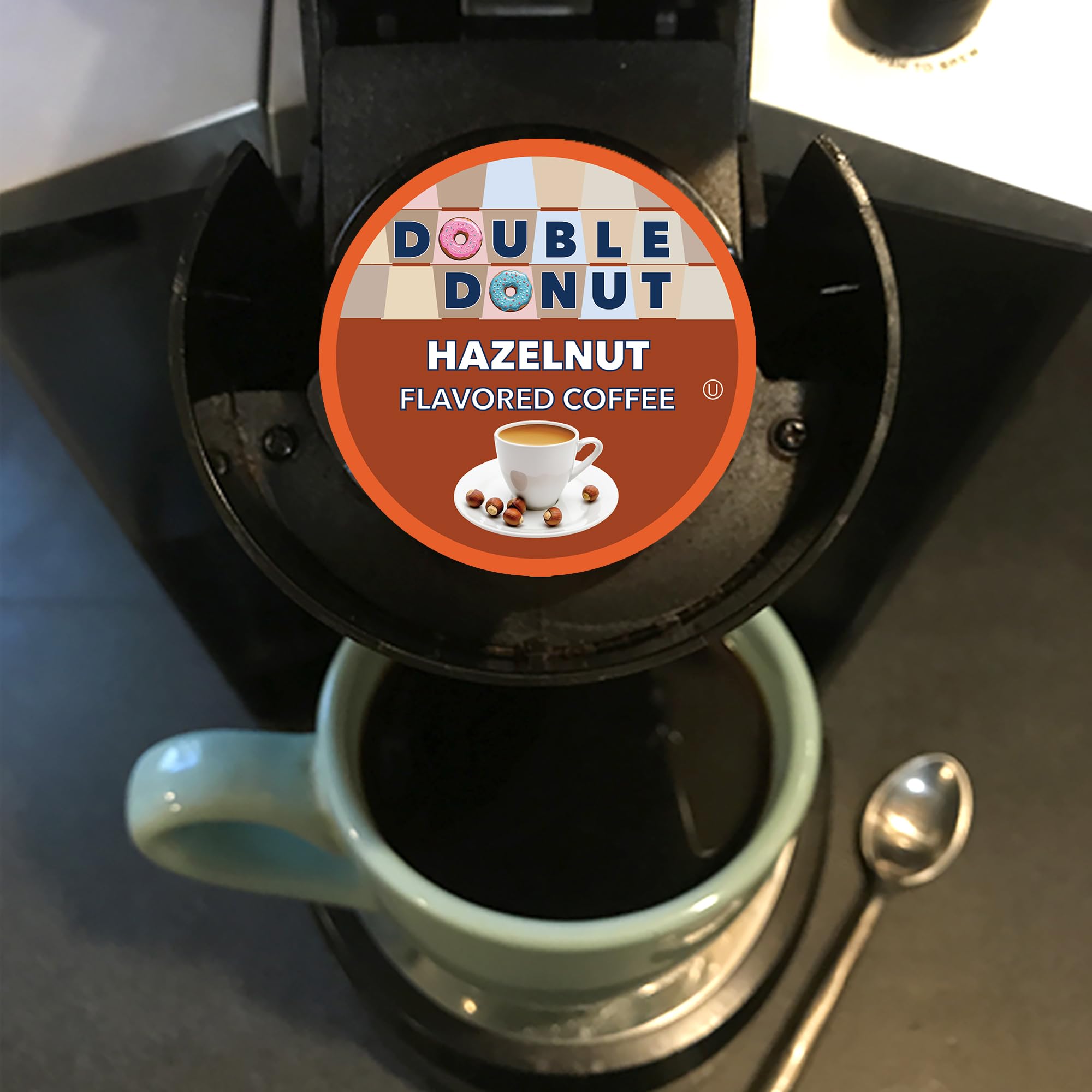 Double Donut cup in a kitchen morning scene, offering quick flavored coffee