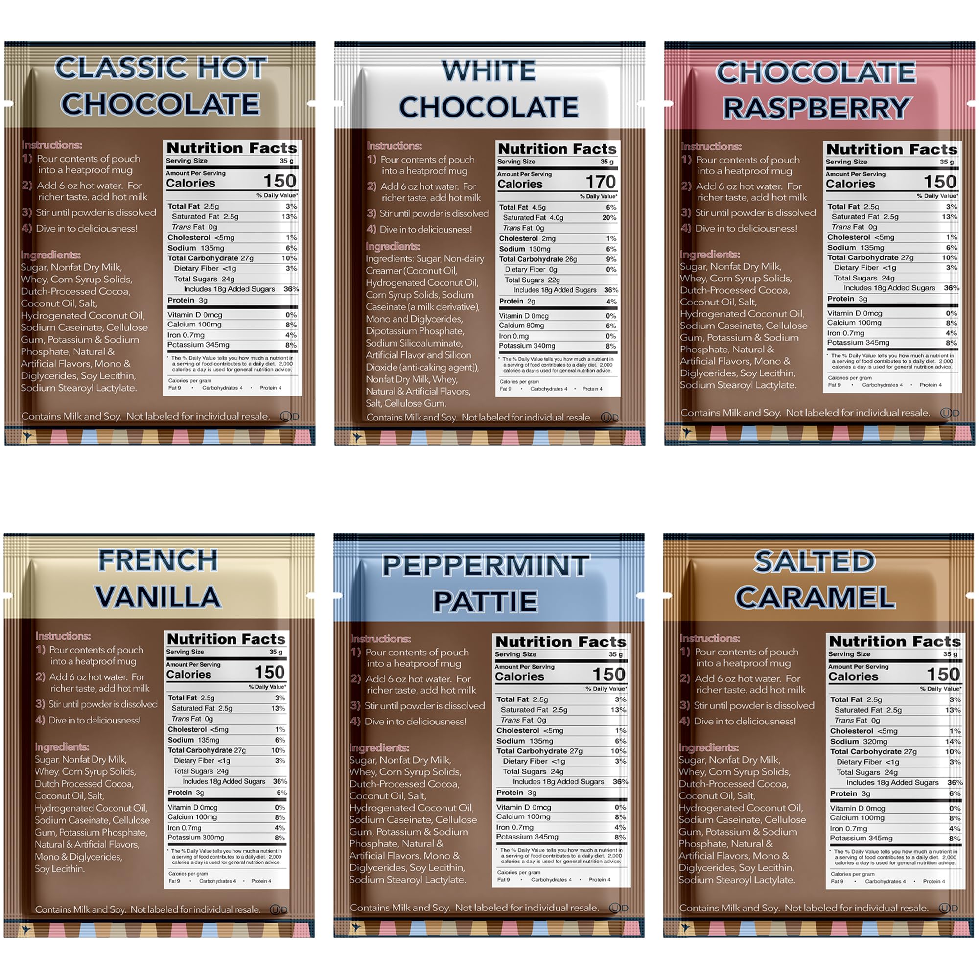 Double Donut Coffee single-serve packets laid out to show all flavors