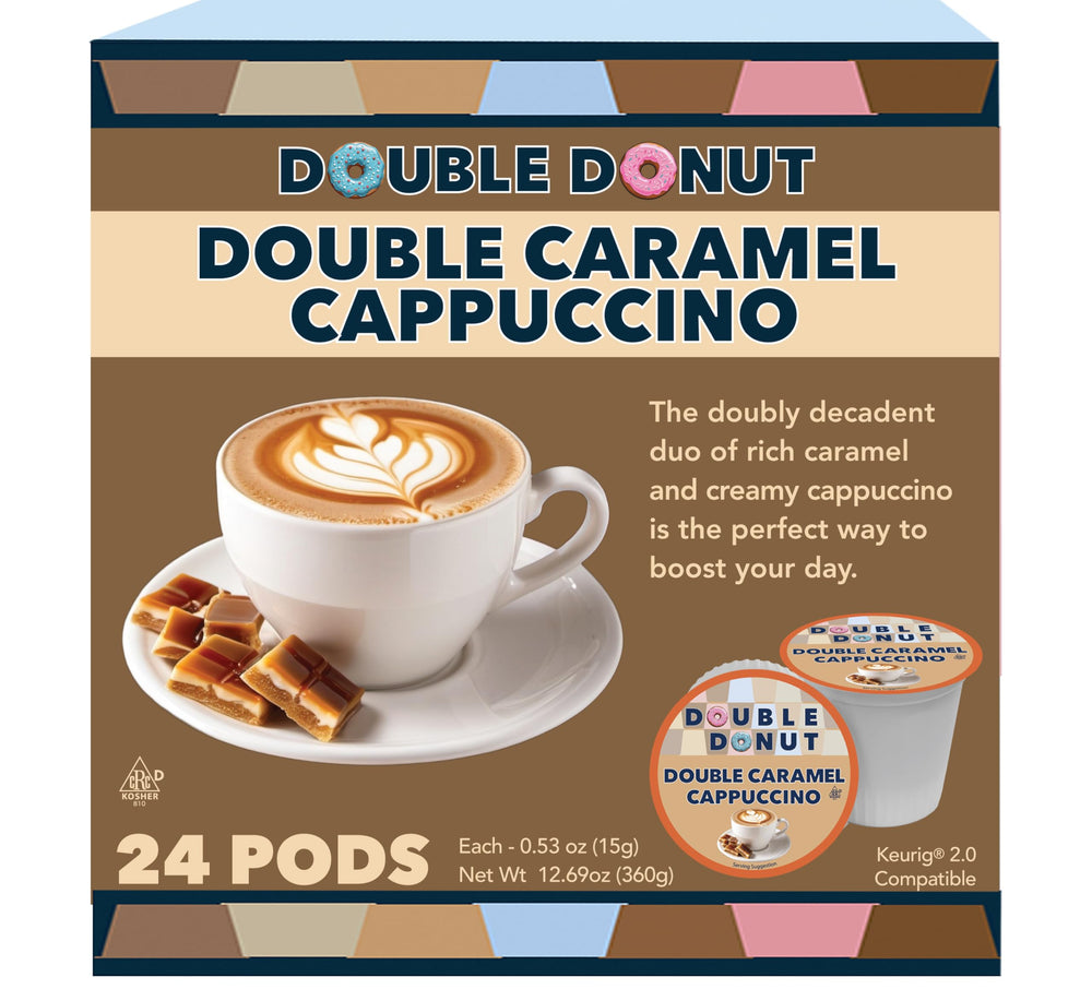 Double Donut pack front view showing caramel cappuccino pods and brand convenience