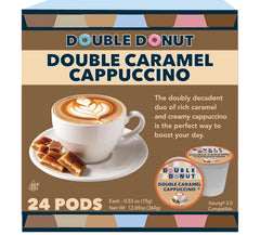 Double Donut pack front view showing caramel cappuccino pods and brand convenience