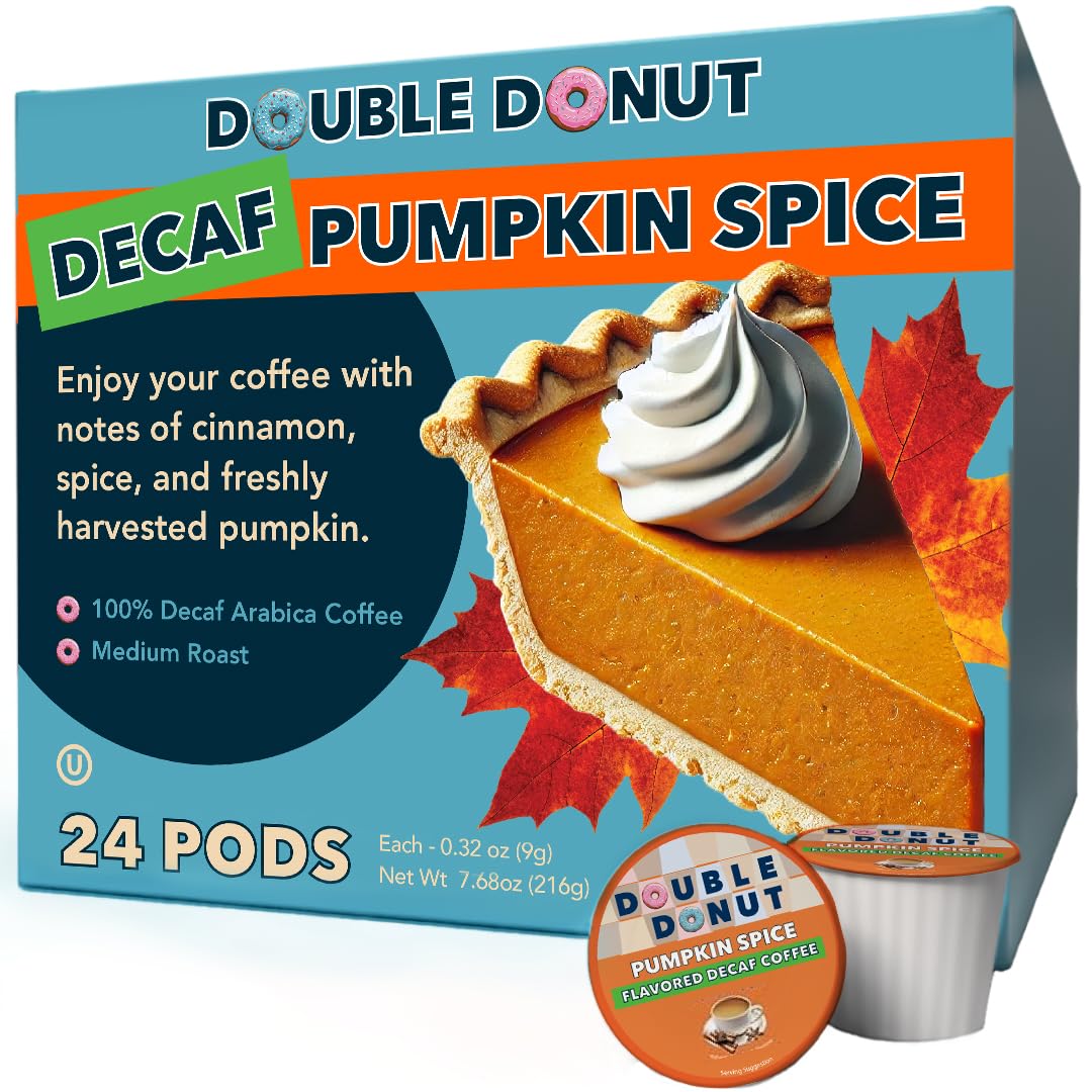 Double Donut box front view showing pumpkin spice decaf label and quantity benefit