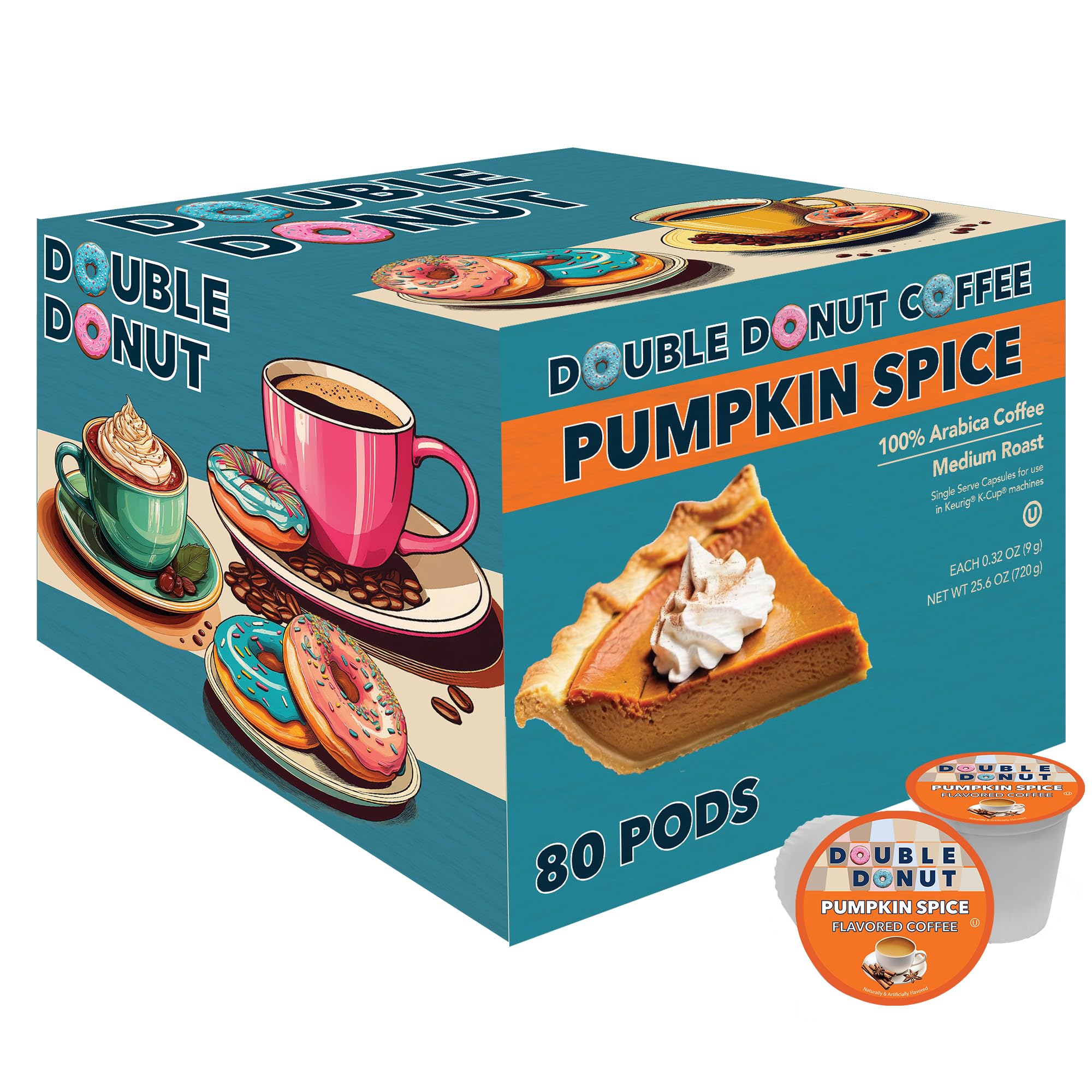 Double Donut Coffee front packaging showing 80-count and pumpkin spice benefit