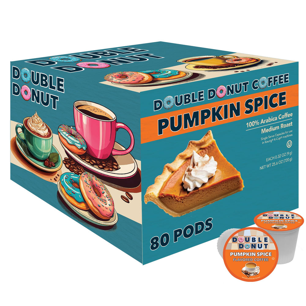 Double Donut Coffee front packaging showing 80-count and pumpkin spice benefit