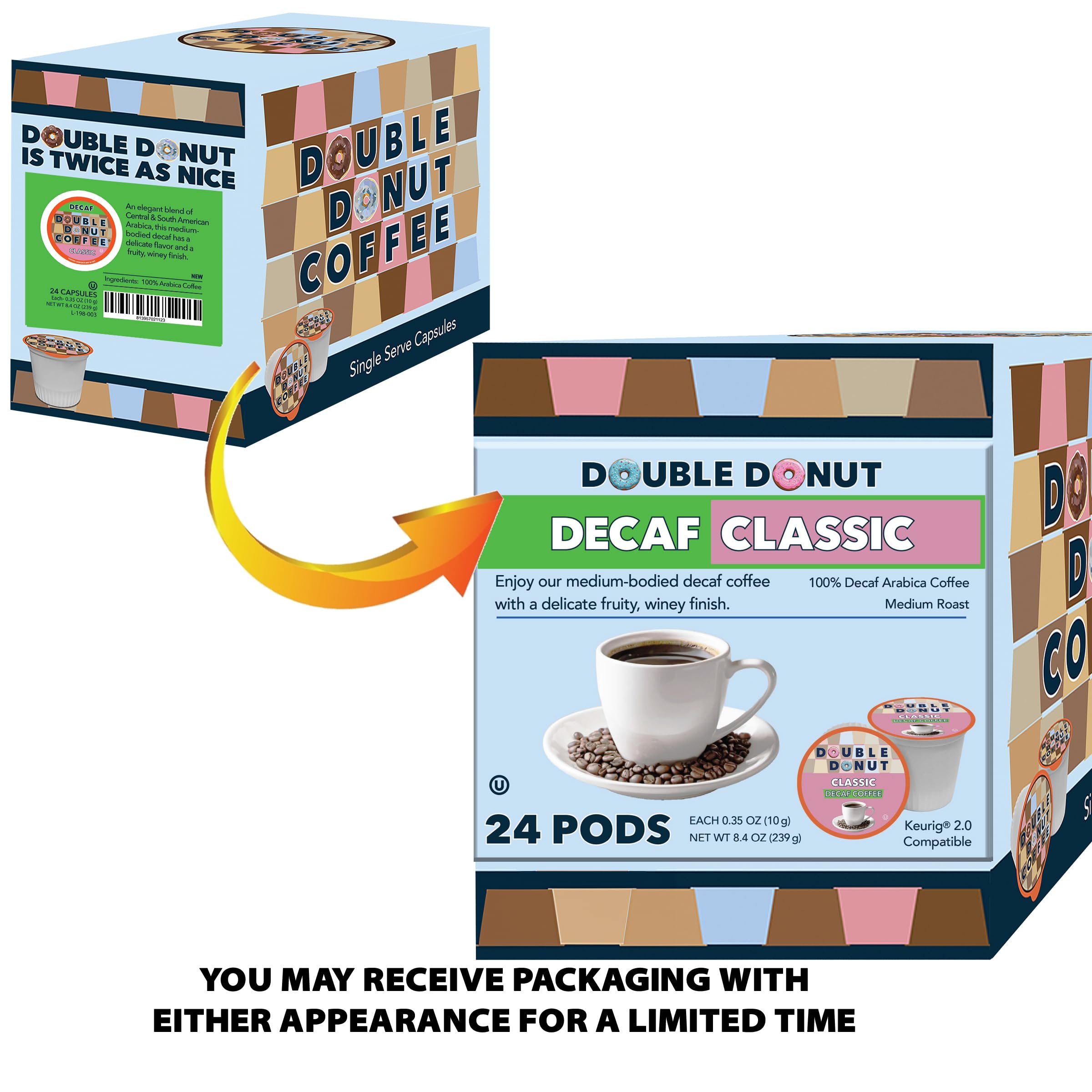 Double Donut pod beside a coffee mug showing serving scale and quick preparation