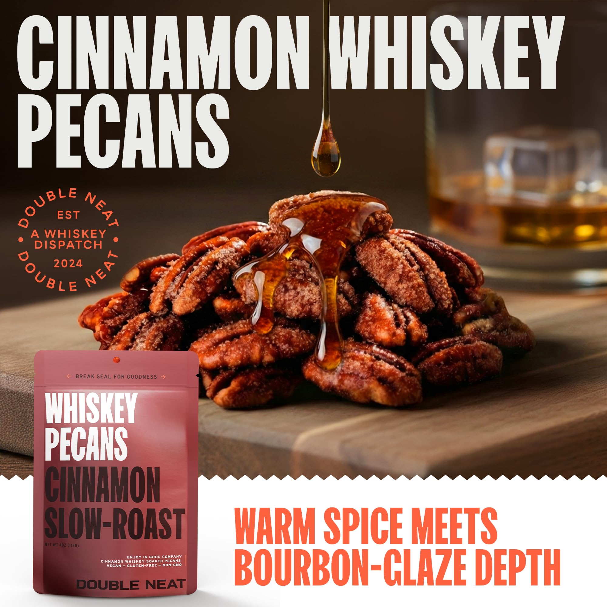 double neat maple-bourbon almonds scattered to show roasted texture and sweet-salty crunch
