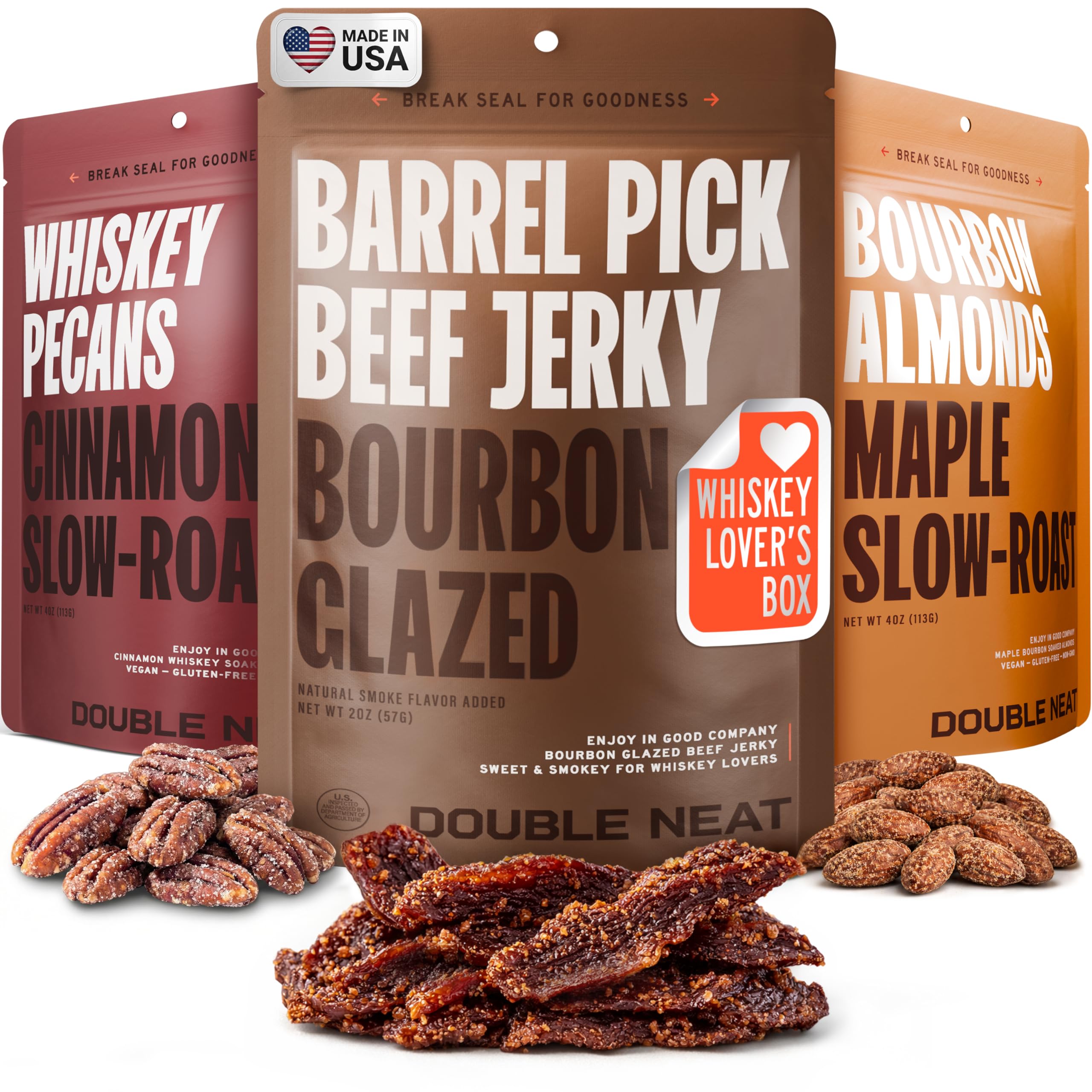 double neat front packaging showing the three-item bourbon snack assortment and branding benefit