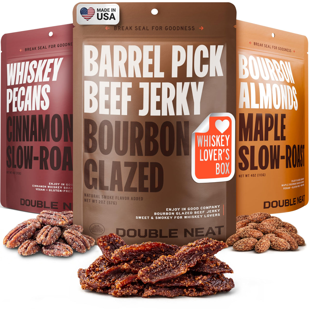 double neat front packaging showing the three-item bourbon snack assortment and branding benefit