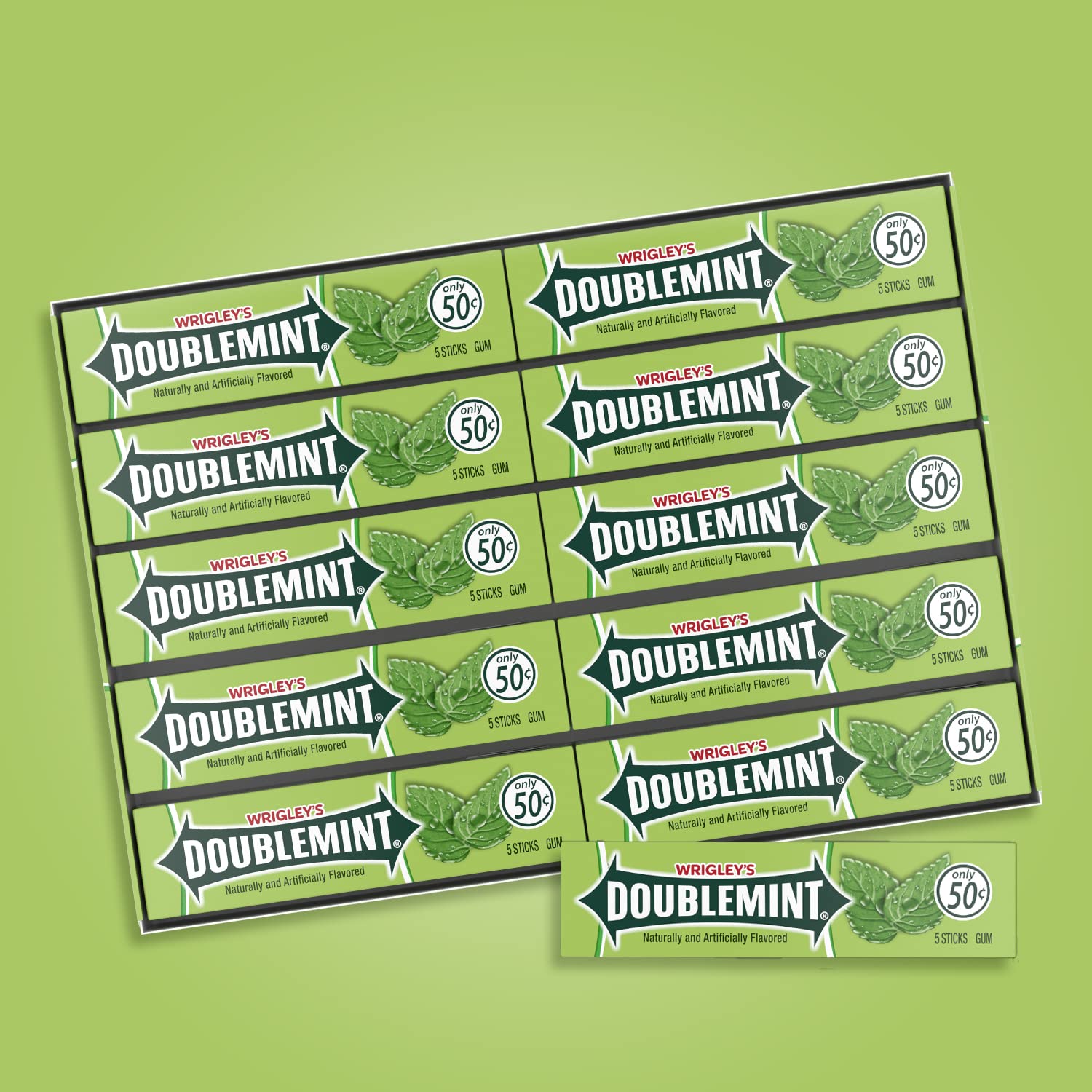 Doublemint five-stick pack close-up showing compact sleeve and quick access benefit