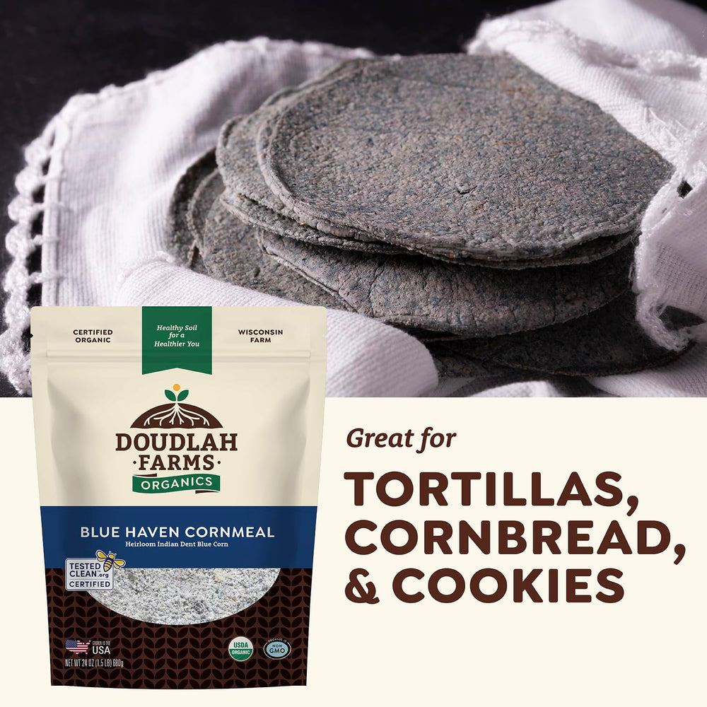 Doudlah Farms bag with label close-up and scale showing tested clean certification benefit