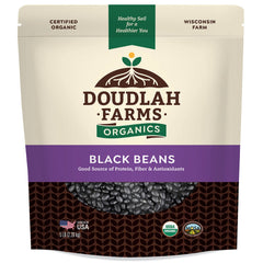Doudlah Farms front packaging showing 5 lb organic beans benefit transparency