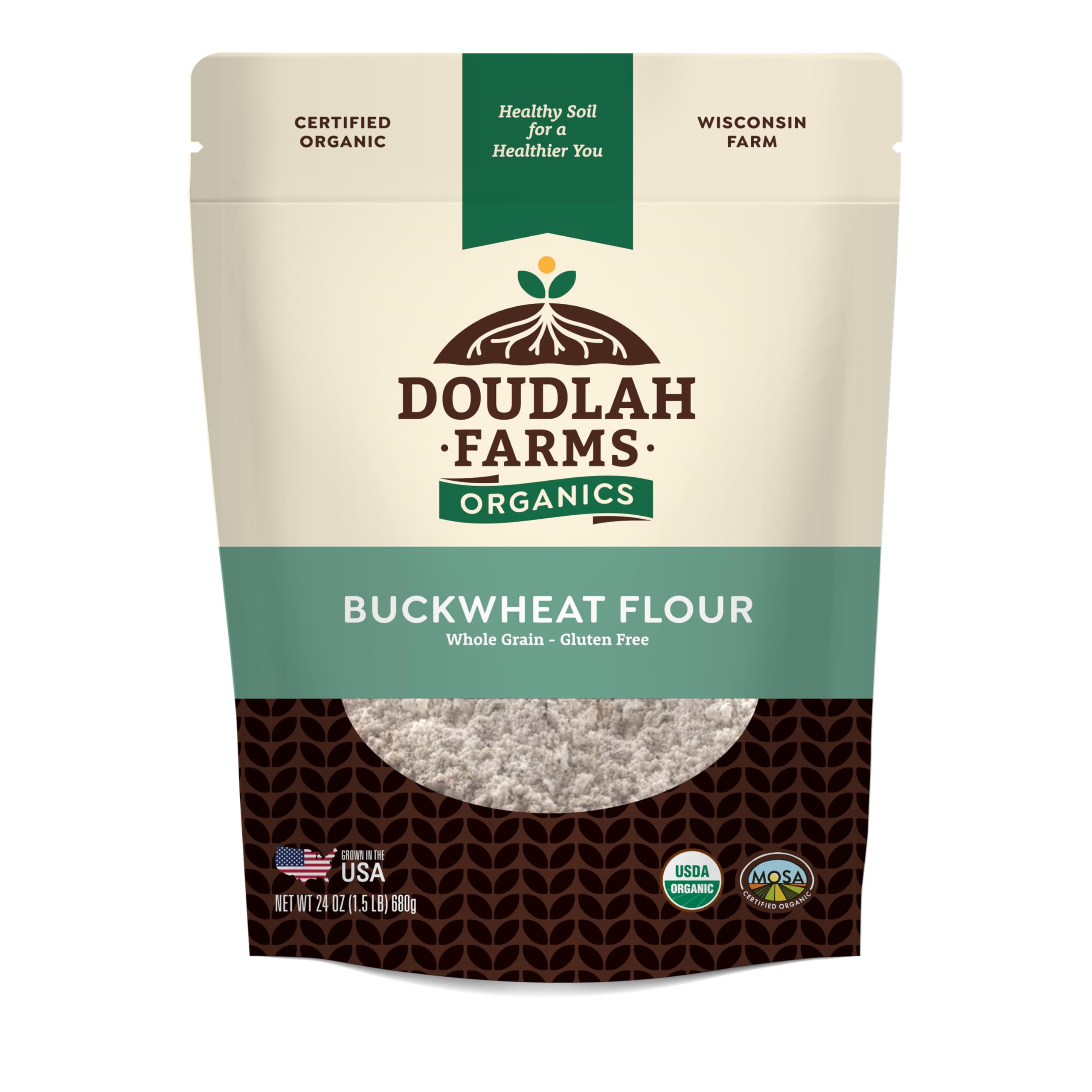 Doudlah Farms front packaging showing organic label and benefits