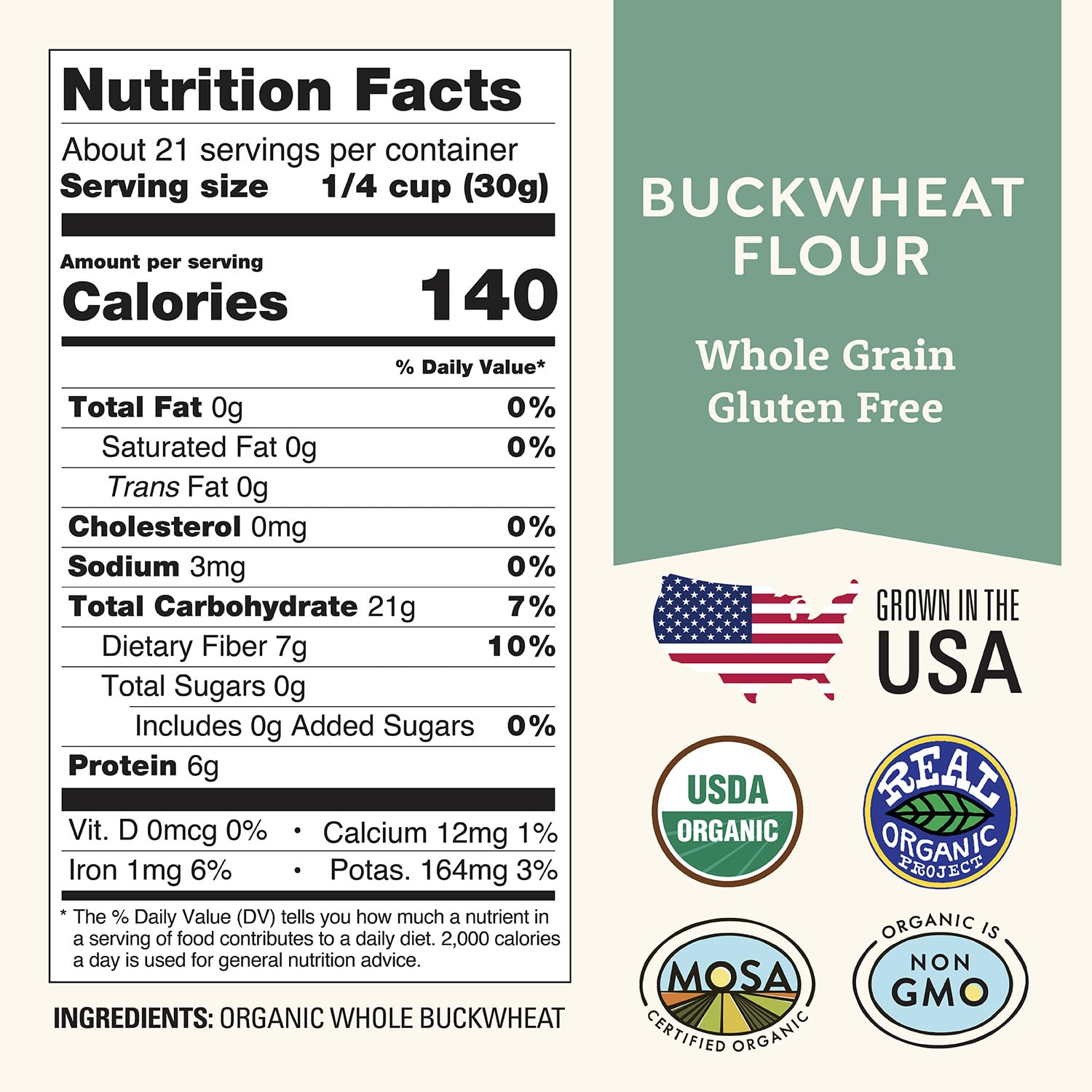 Doudlah Farms open bag revealing fine buckwheat flour texture for baking