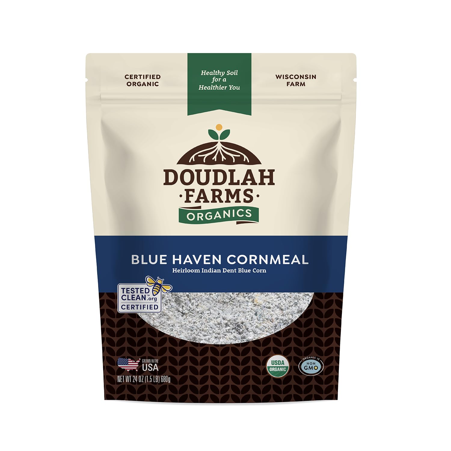 Doudlah Farms blue cornmeal front package showing organic label and farm origin benefit