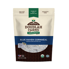 Doudlah Farms blue cornmeal front package showing organic label and farm origin benefit