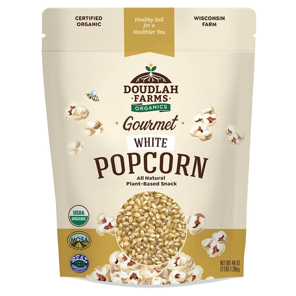 Doudlah Farms front packaging showing organic 3 lb bag and clear labeling benefits