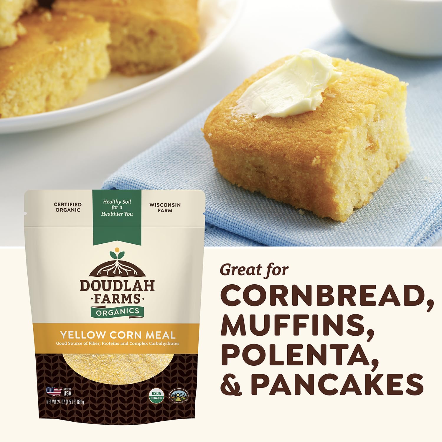Doudlah Farms label and certifications displaying USDA Organic and Non-GMO benefits