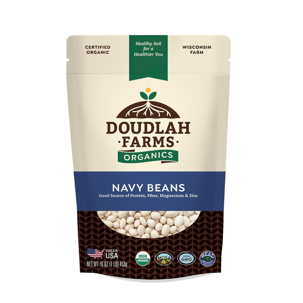 Doudlah Farms front packaging of 1 lb organic navy beans showing brand and USDA Organic benefits