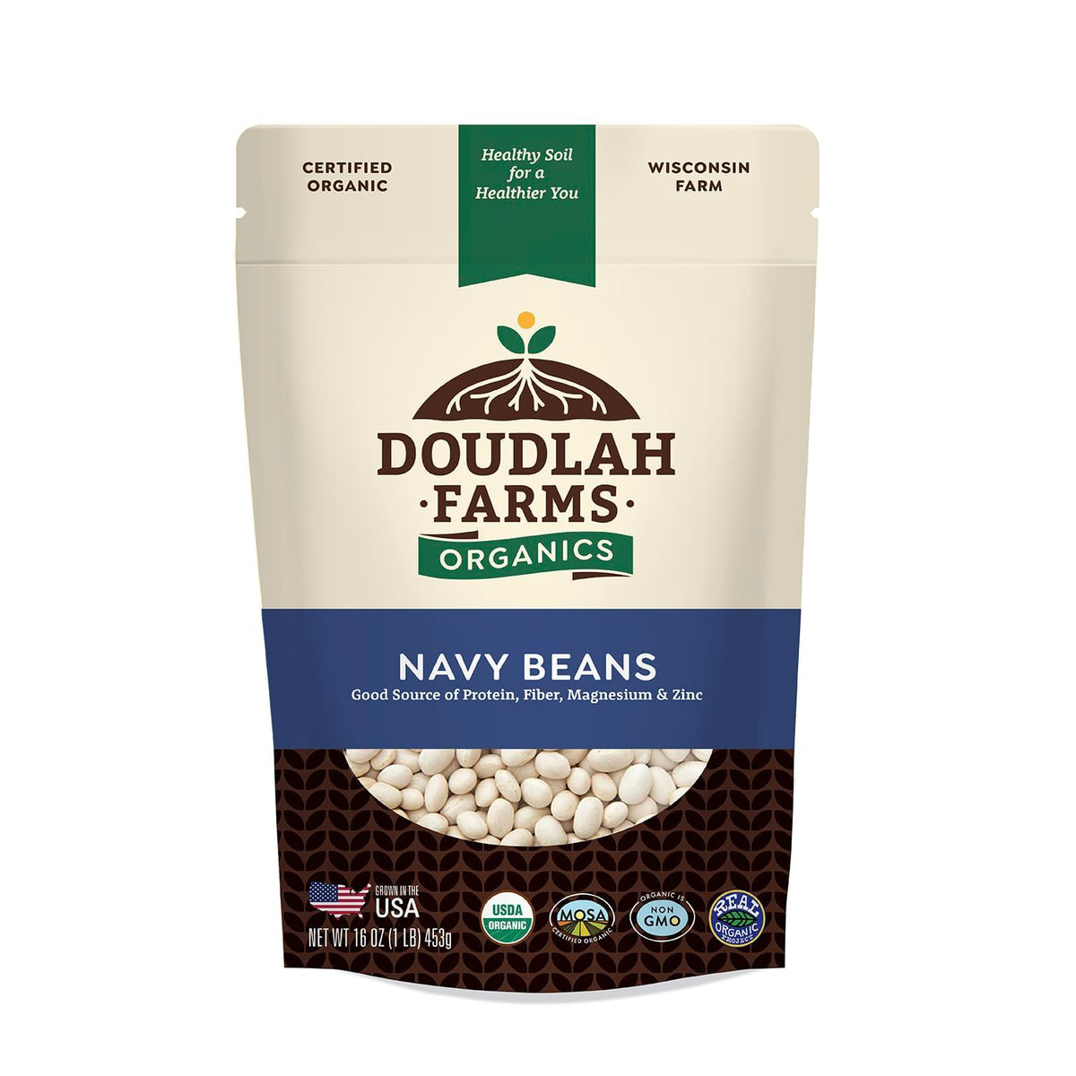 Doudlah Farms front packaging of 1 lb organic navy beans showing brand and USDA Organic benefits