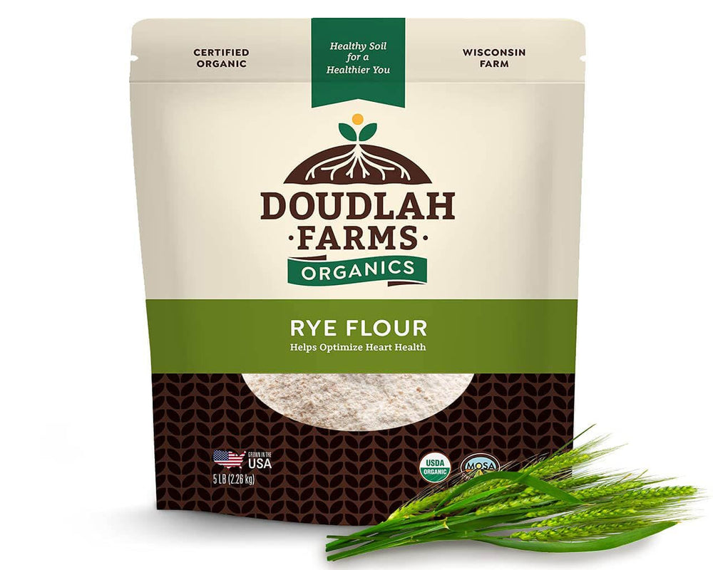 Doudlah Farms front packaging showing organic rye flour and benefits