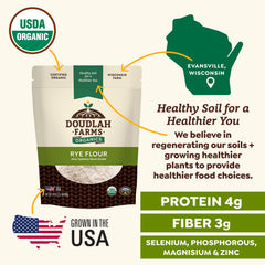 Doudlah Farms rye flour in bowl ready to bake with better flavor