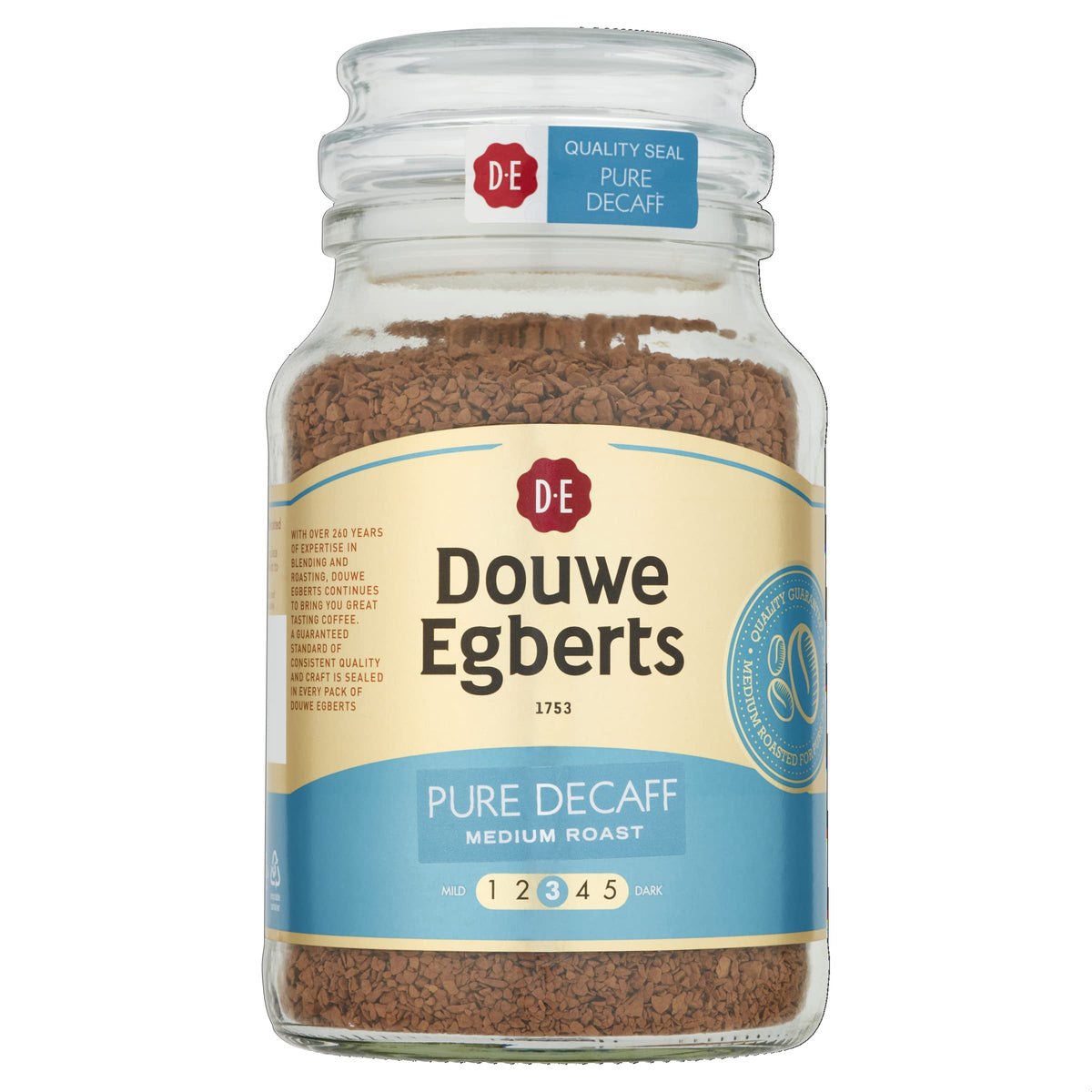 Douwe Egberts glass jar front view showing label and convenient storage benefit