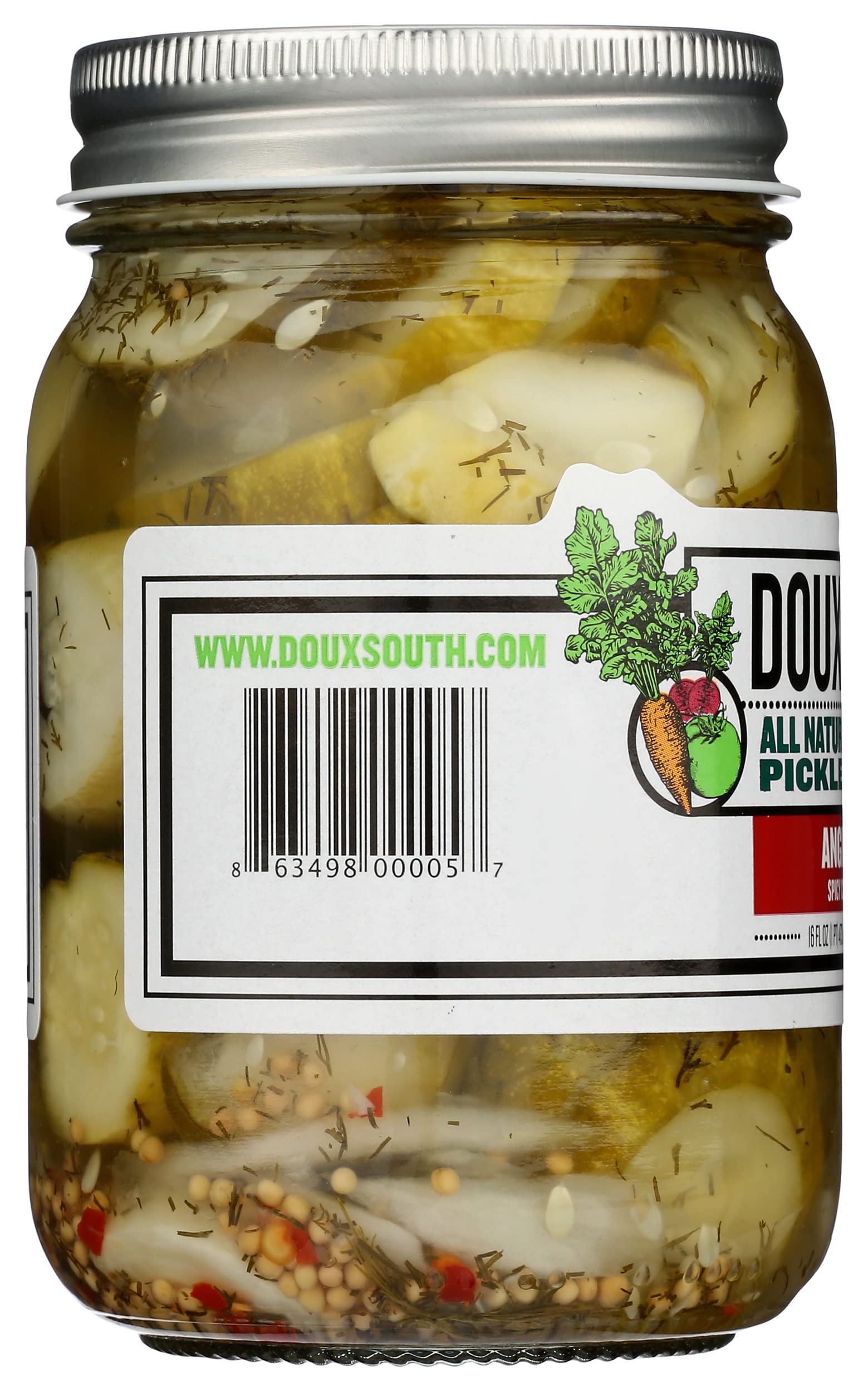 Hand holding 16 oz Doux South Angry Cukes jar for scale, illustrating convenient pantry size