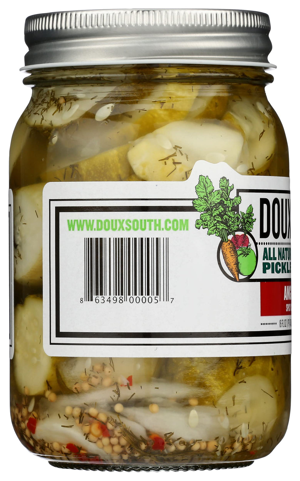 Hand holding 16 oz Doux South Angry Cukes jar for scale, illustrating convenient pantry size