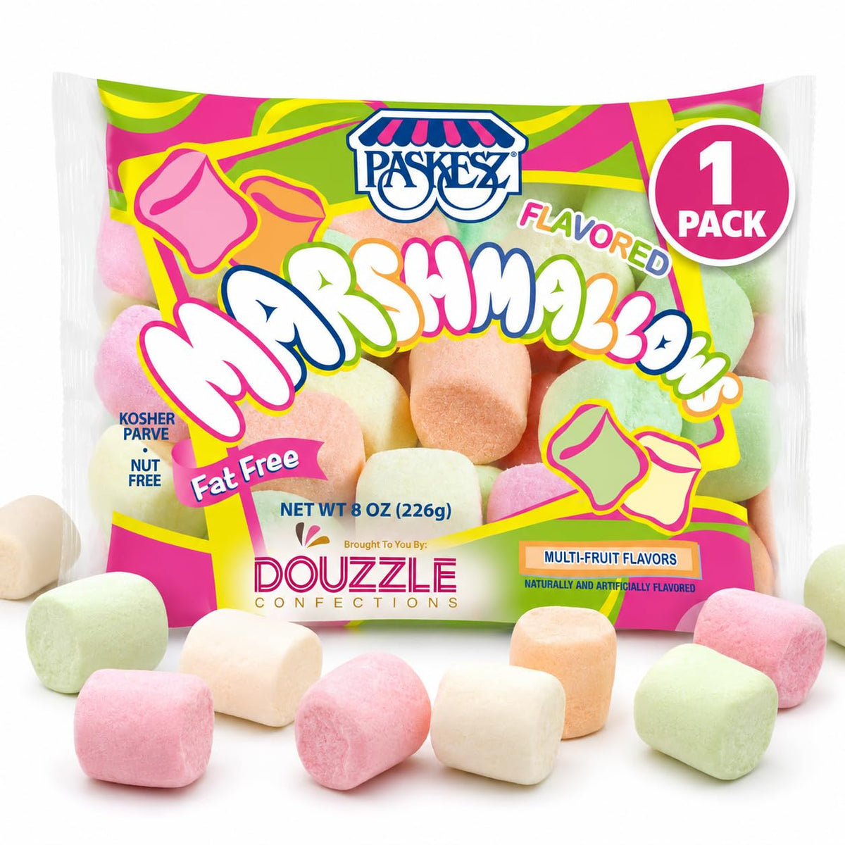 DOUzzle front packaging showing colorful large marshmallows and kosher label fresh look