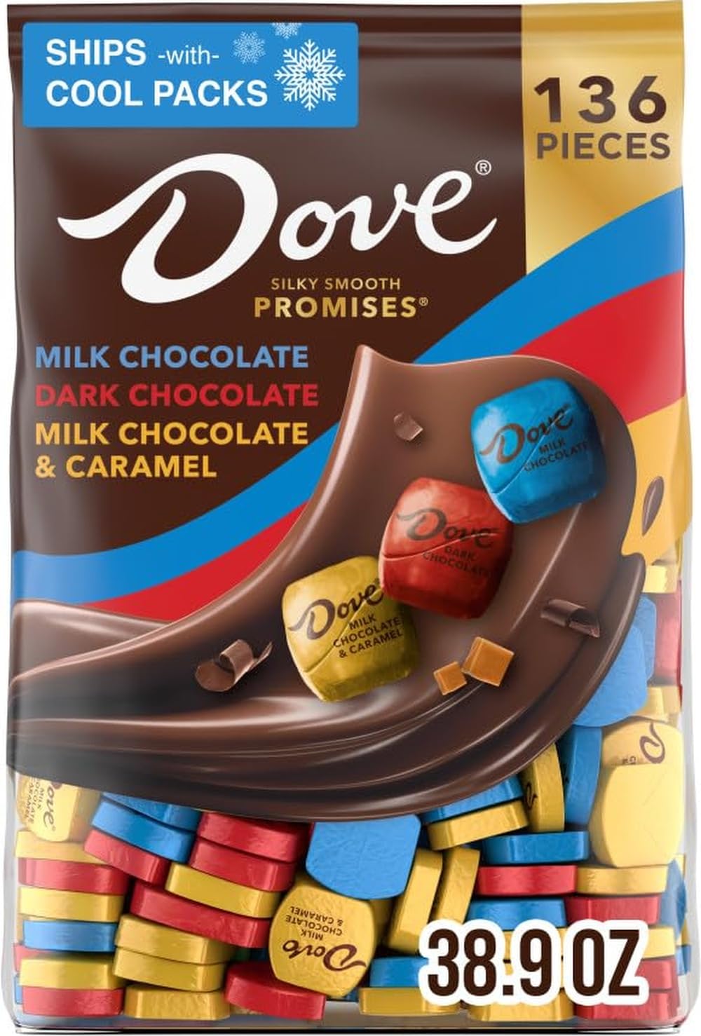Dove front packaging showing variety bag and branding, convenient bulk supply