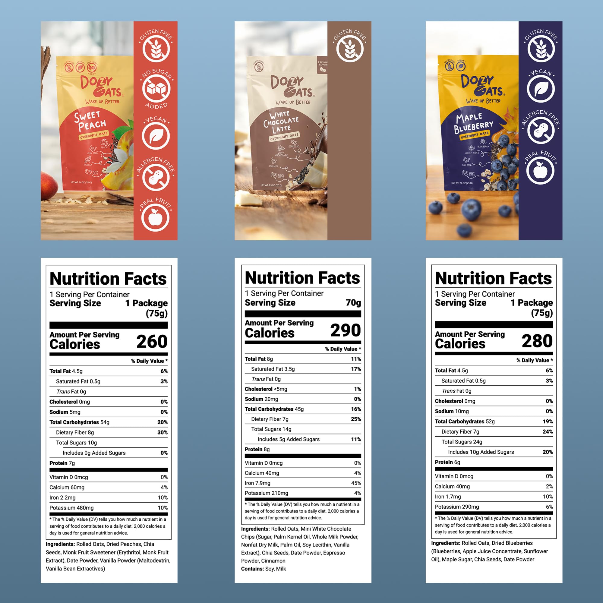 Dozy Oats assortment of flavor packets displayed to show variety options