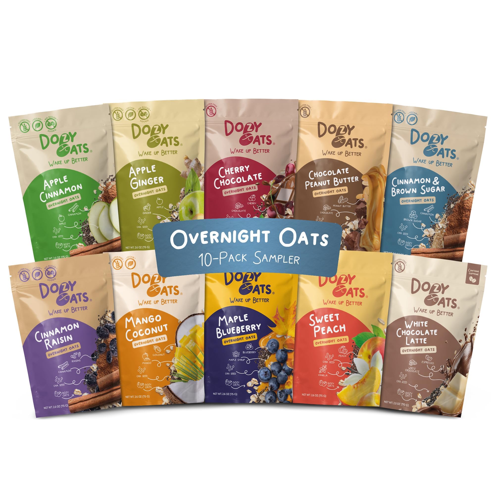Dozy Oats front packaging showing variety pack and gluten free benefit
