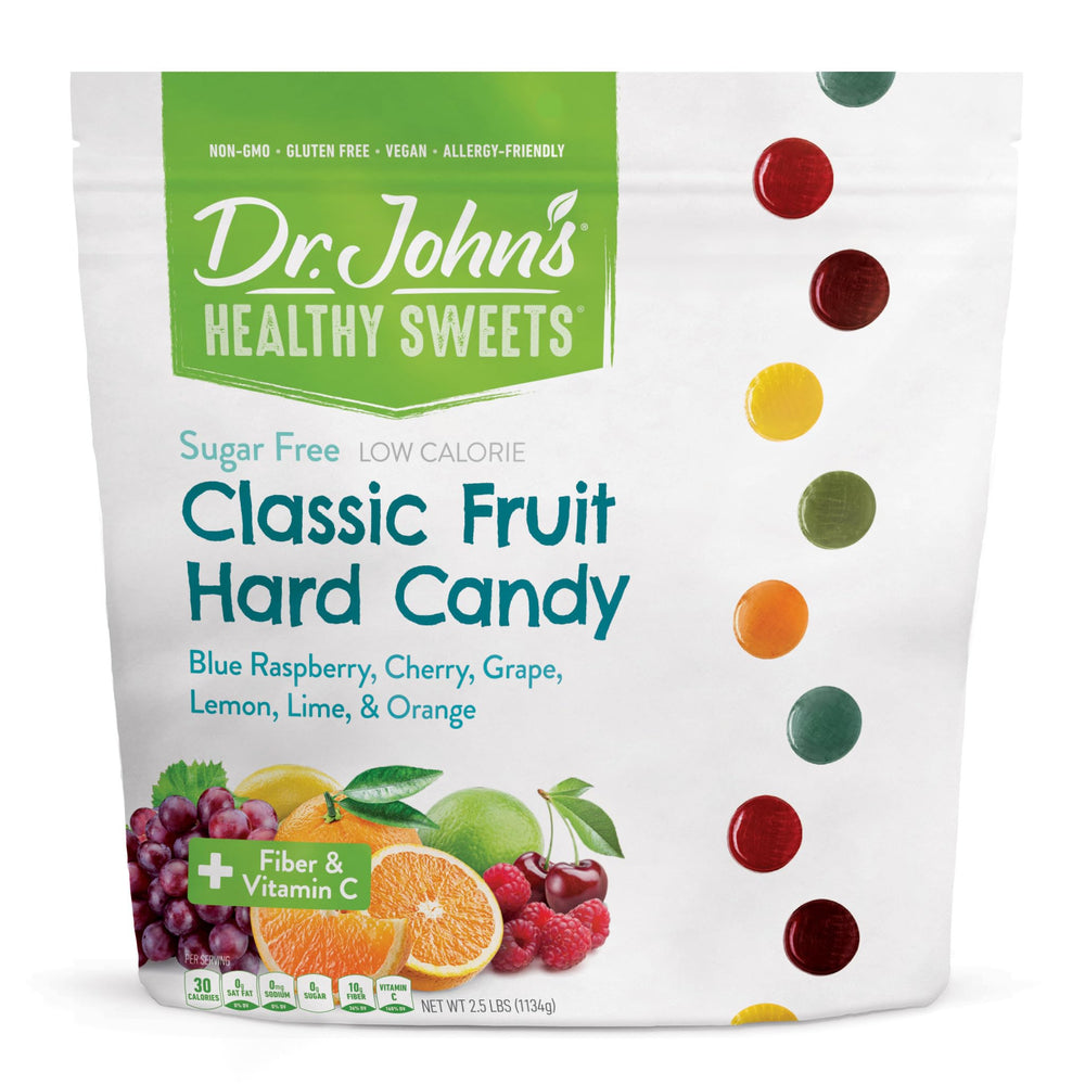 Dr. John's Healthy Sweets front packaging showing resealable bag and benefits