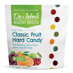 Dr. John's Healthy Sweets front packaging showing resealable bag and benefits