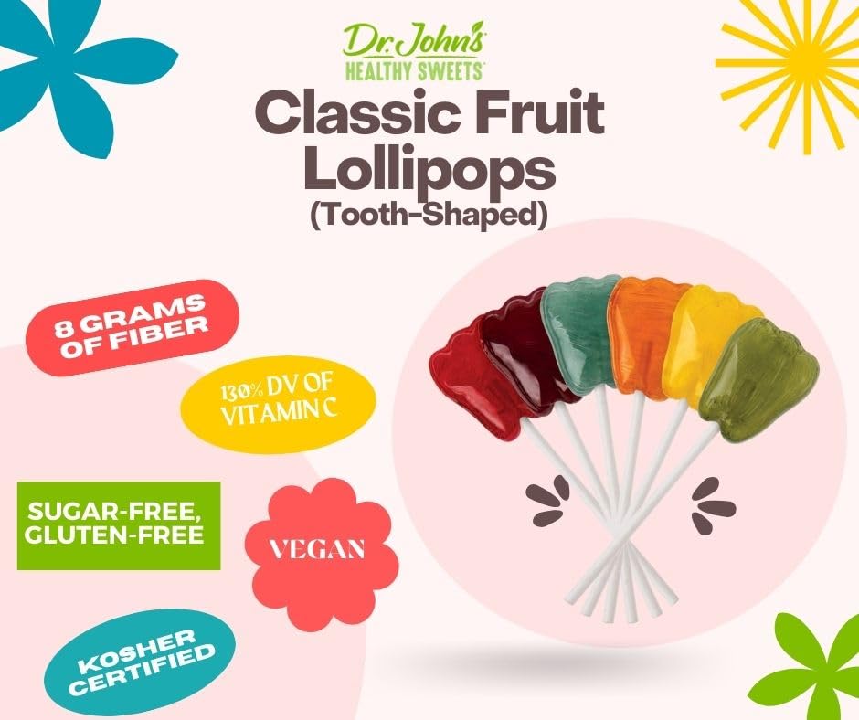 Dr. John's flavor variety display with six fruit colors indicating range and choice benefit