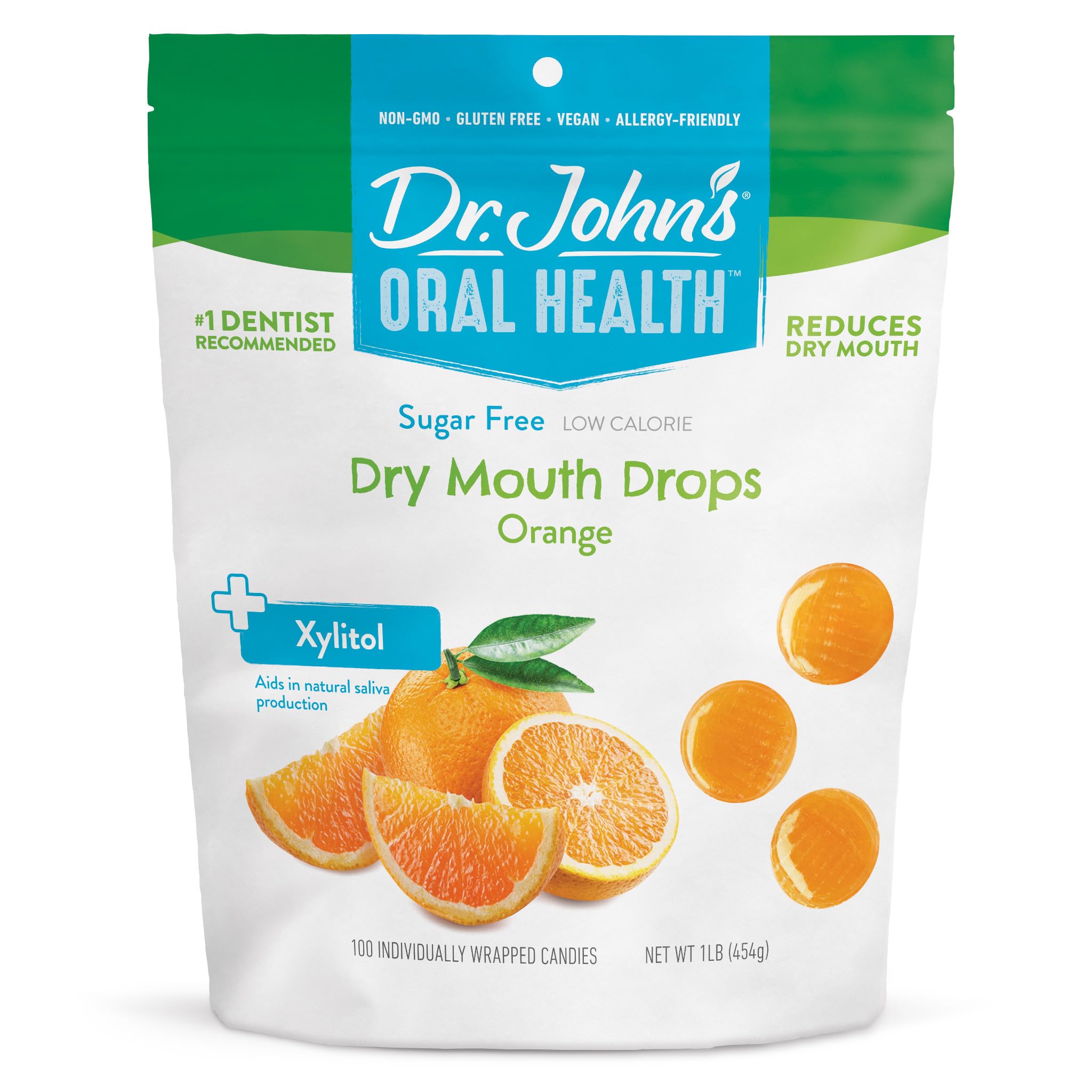 Dr. John's front of bag orange dry mouth drops showing brand and count for easy identification and selection