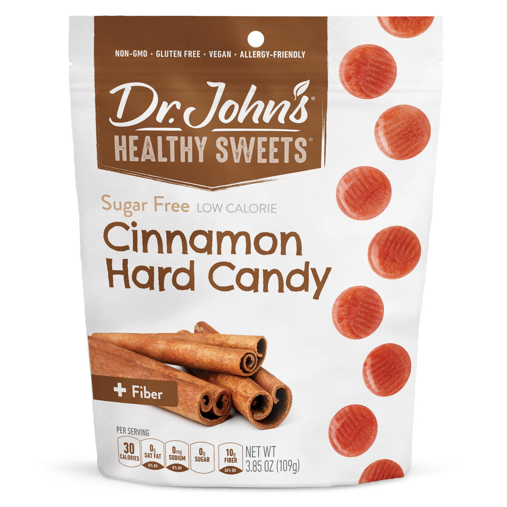 Dr. John's front packaging showing cinnamon flavor and resealable bag benefit
