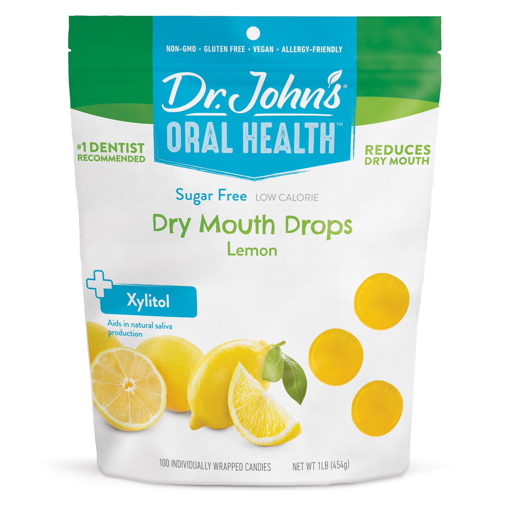 Dr. John's front packaging lemon drops showing container and count, convenient storage benefit