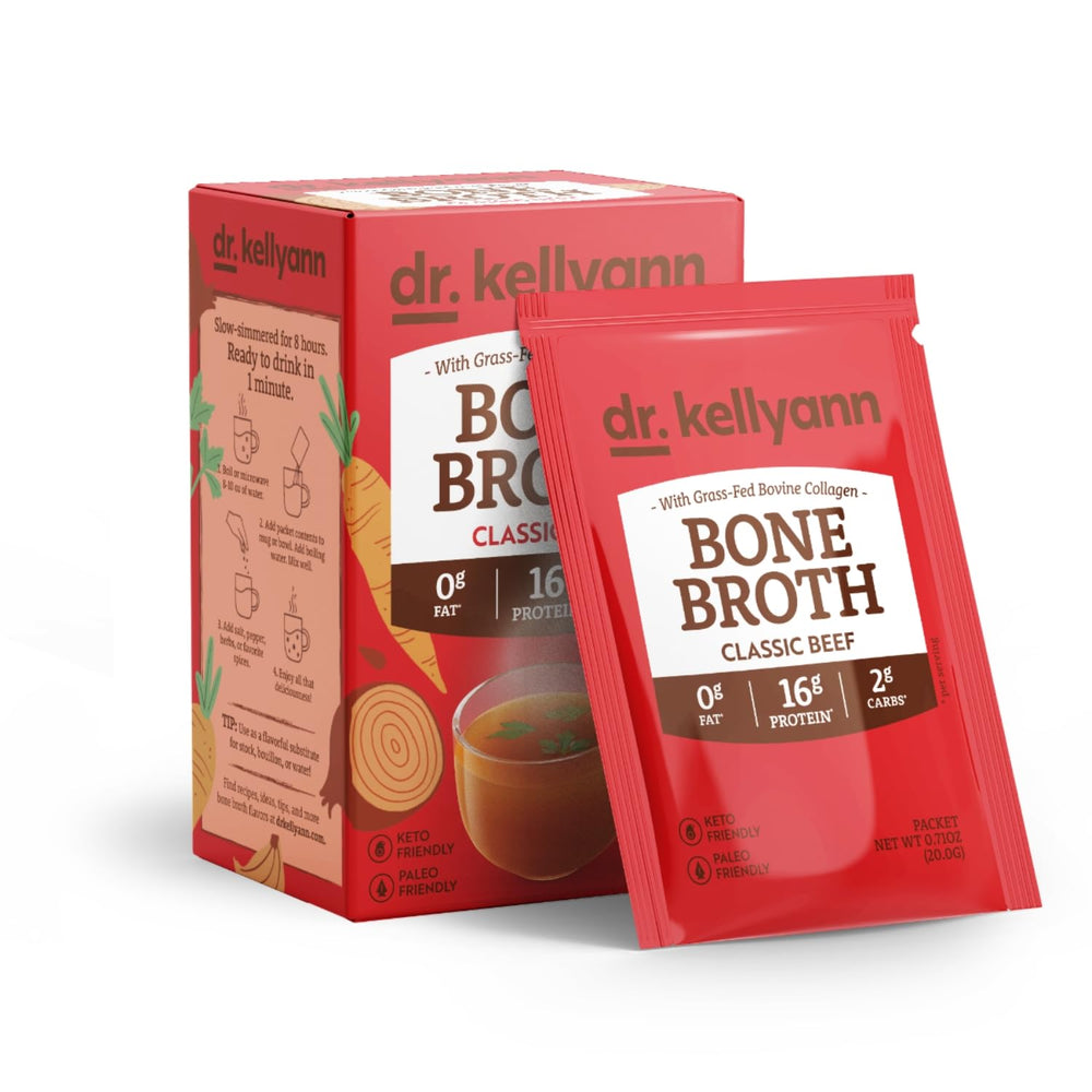 Dr. Kellyann front packaging showing classic beef broth for quick protein