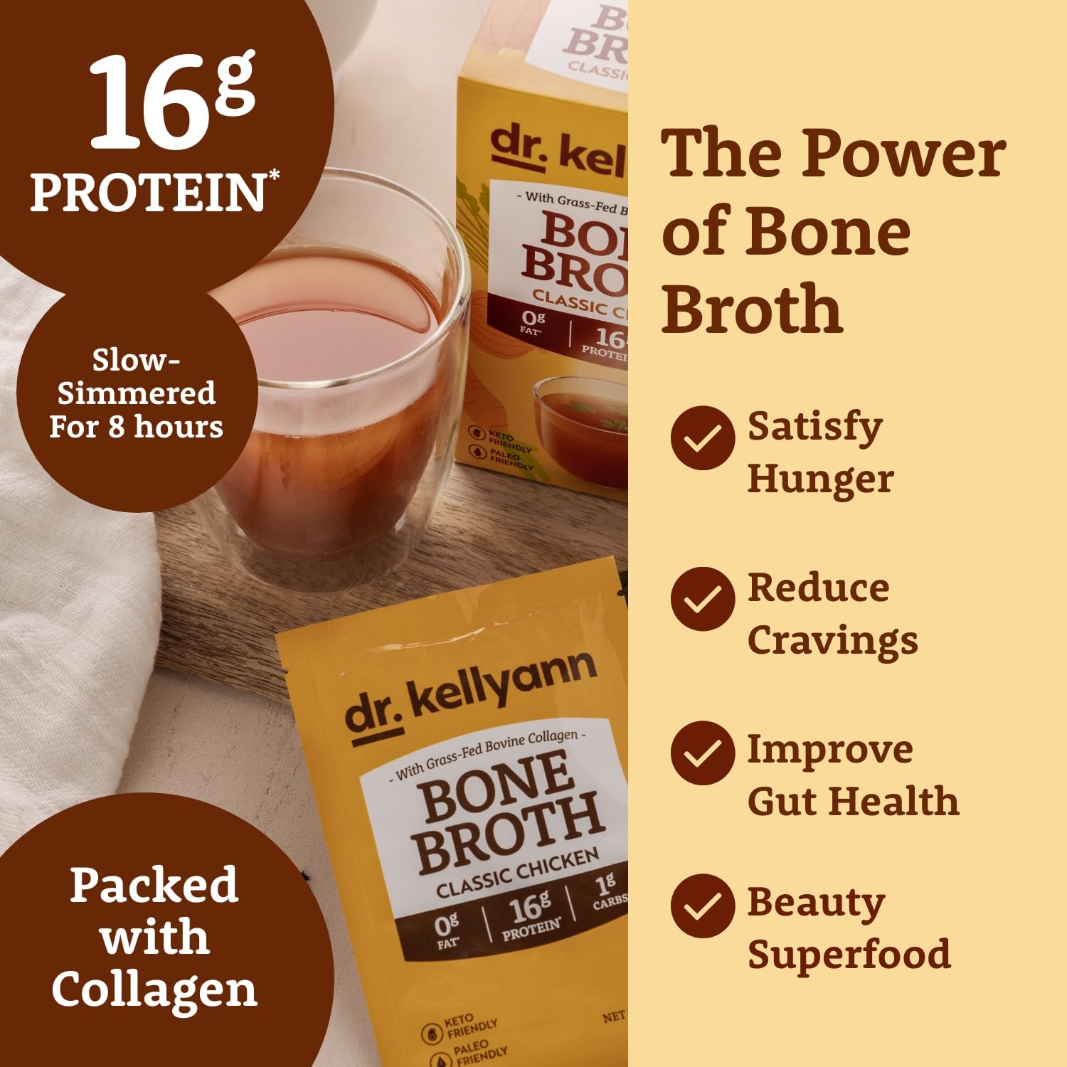 Dr. Kellyann packet being poured into mug demonstrating easy on-the-go mixing