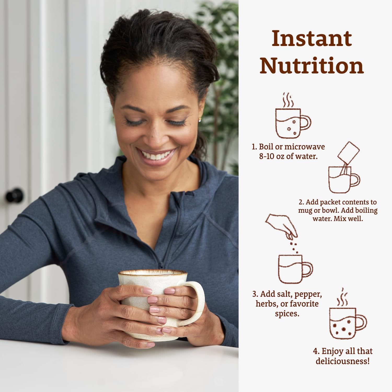 Dr. Kellyann prepared bone broth in mug offering warm, protein-rich hydration