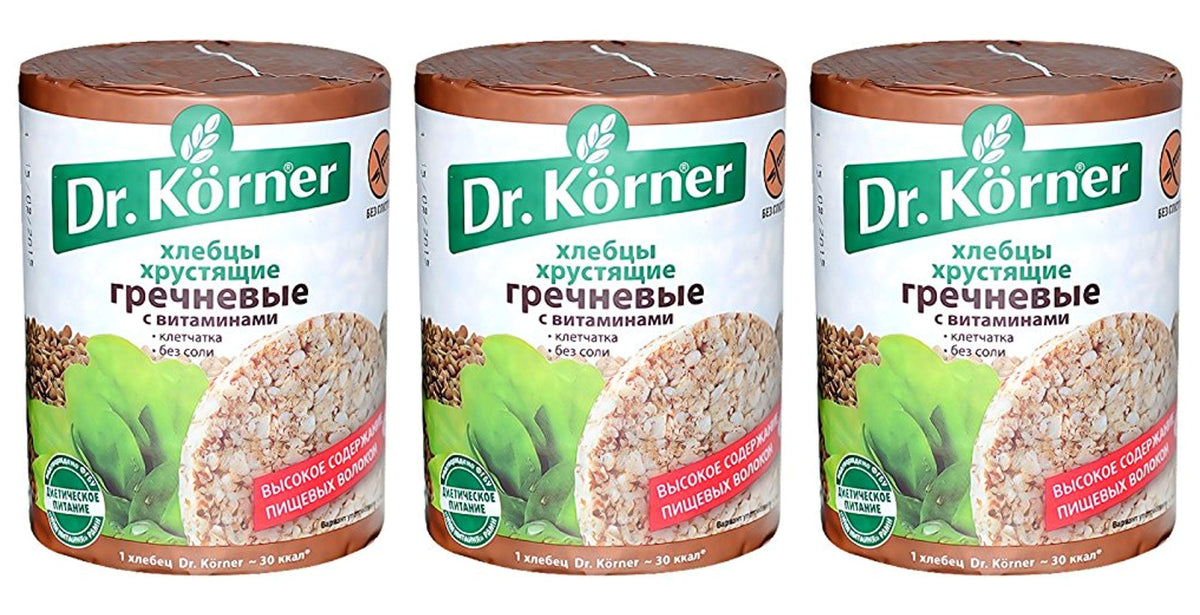 Dr. Korner front packaging showing crispbread stack and product benefits