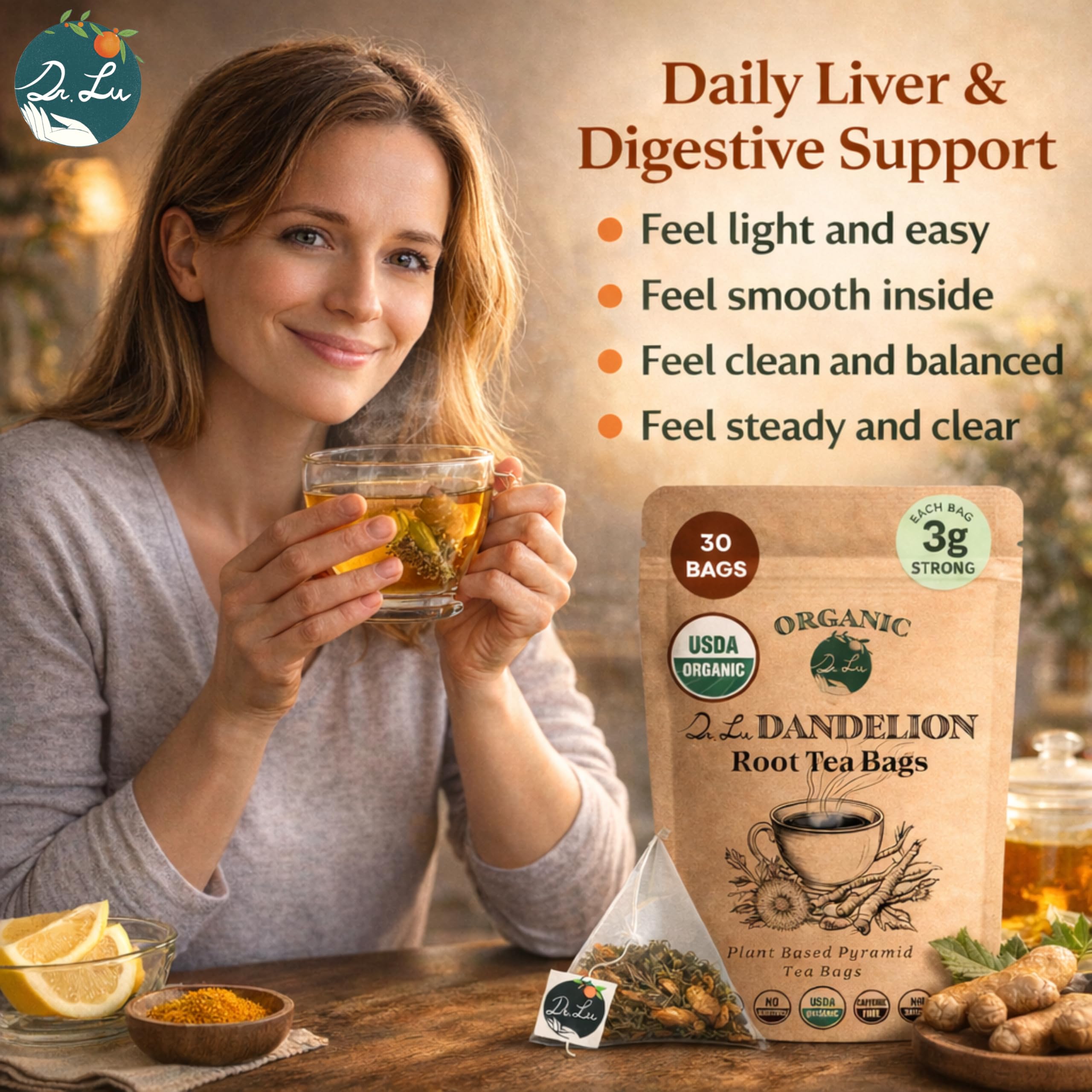 Dr. Lu harvested dandelion roots and leaves, emphasizes wild-harvest origin benefit