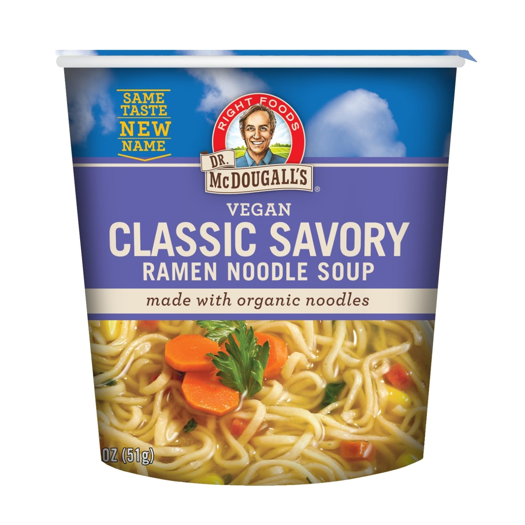 Dr. McDougall's cup front packaging showing organic label and convenience