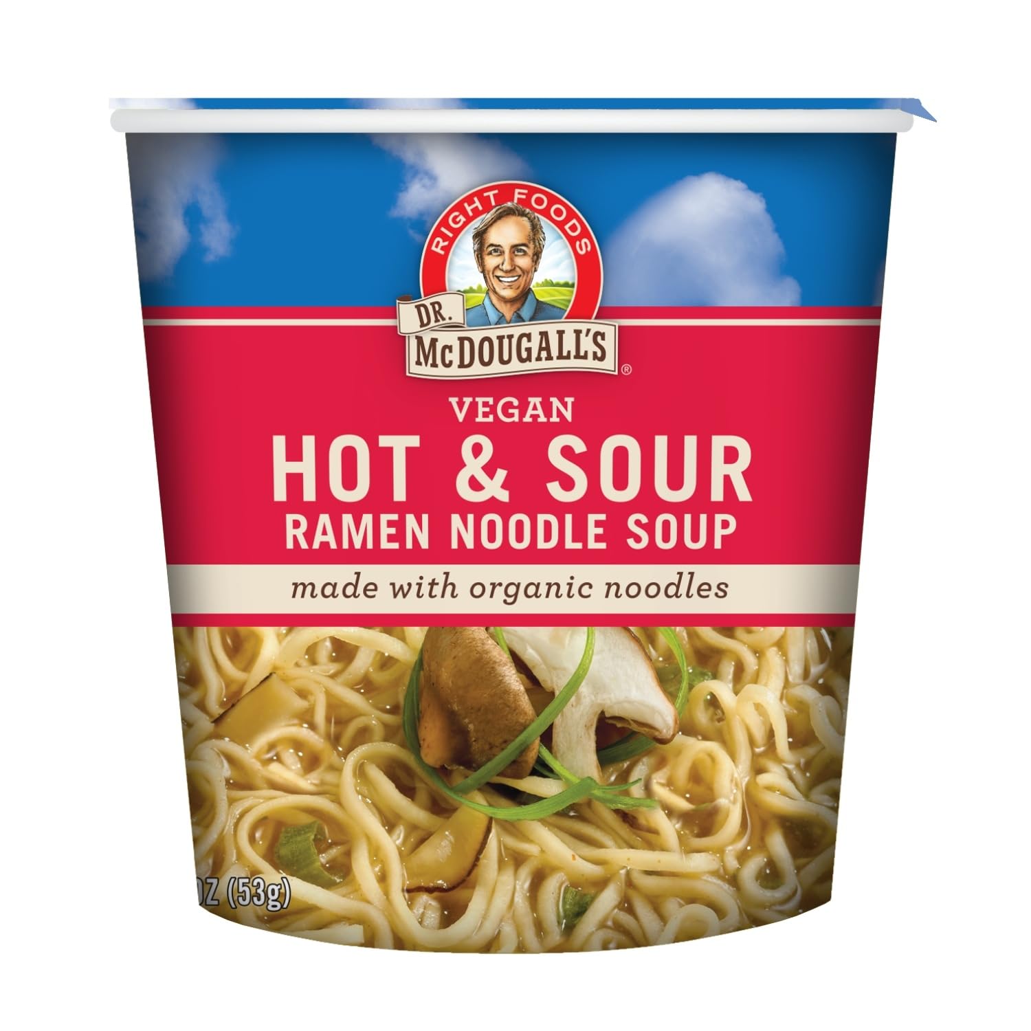 Dr. McDougall's front packaging showing hot & sour cup, convenient meal benefit