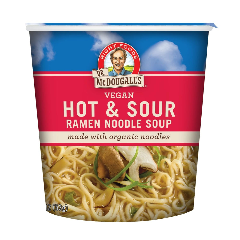 Dr. McDougall's front packaging showing hot & sour cup, convenient meal benefit