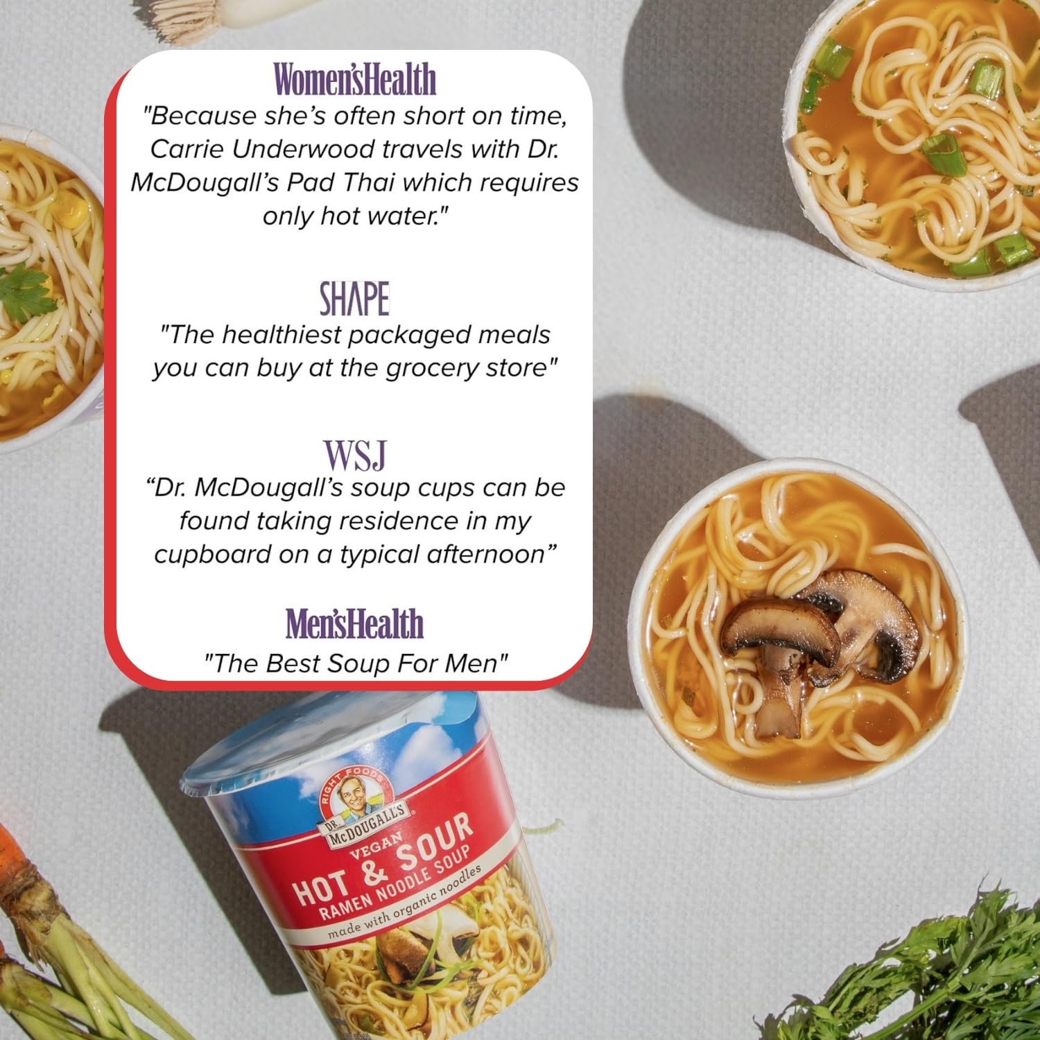 Dr. McDougall's six-pack stacked in pantry, convenient bulk supply benefit