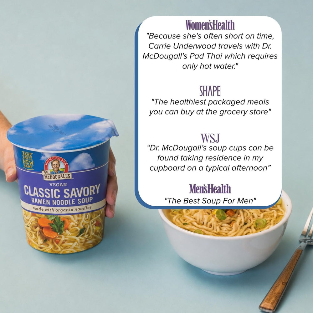 Dr. McDougall's close-up steamed noodles texture highlighting non-fried quality