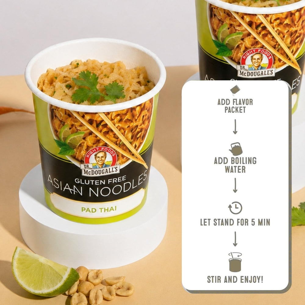 Preparing Dr. McDougall's Pad Thai cup with boiling water for convenience