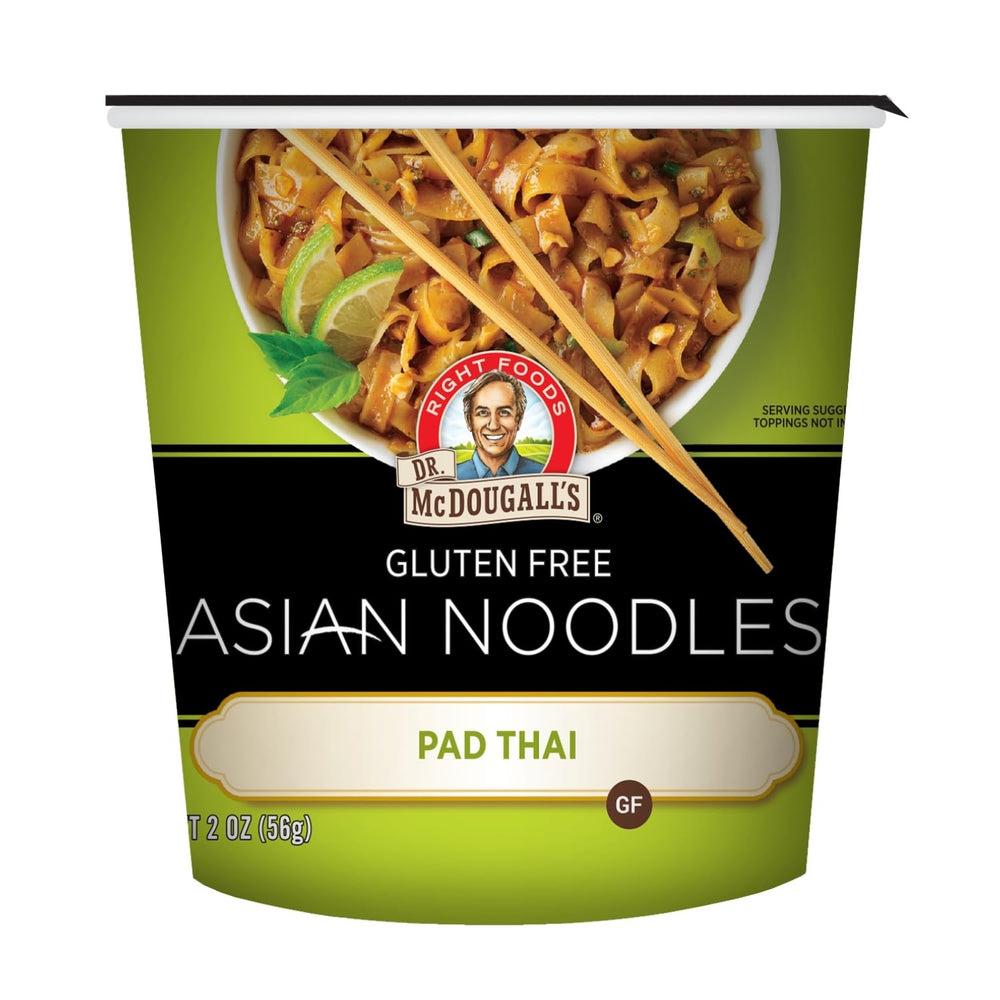 Dr. McDougall's front packaging showing Pad Thai cup and benefits